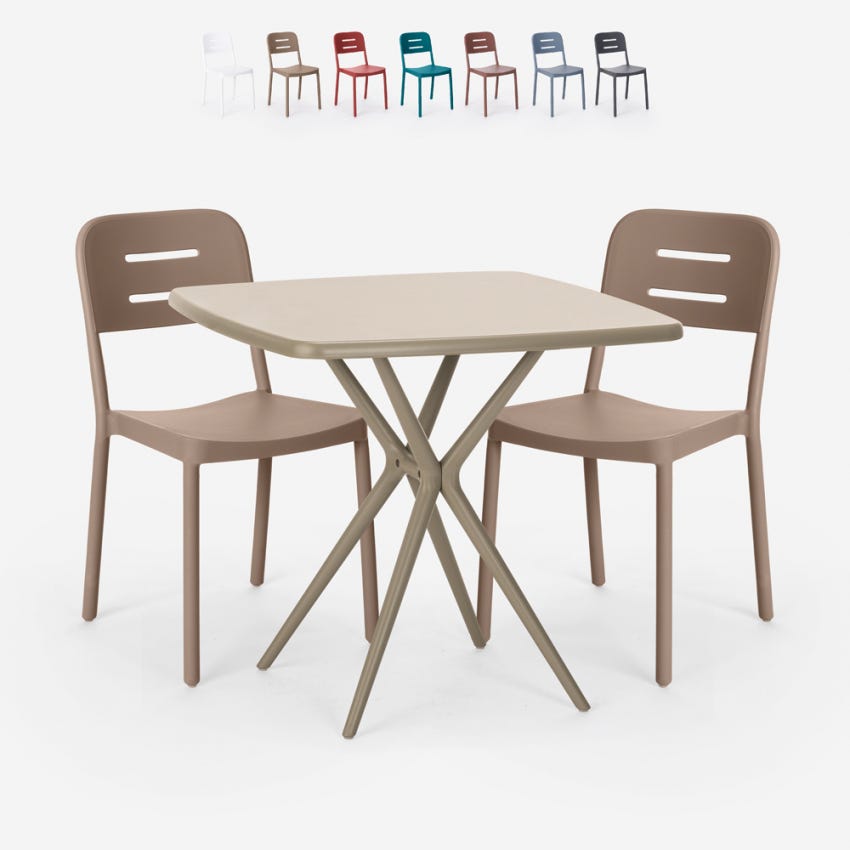 Salon de jardin 2 places avec table carrée 70 cm et 2 chaises beige