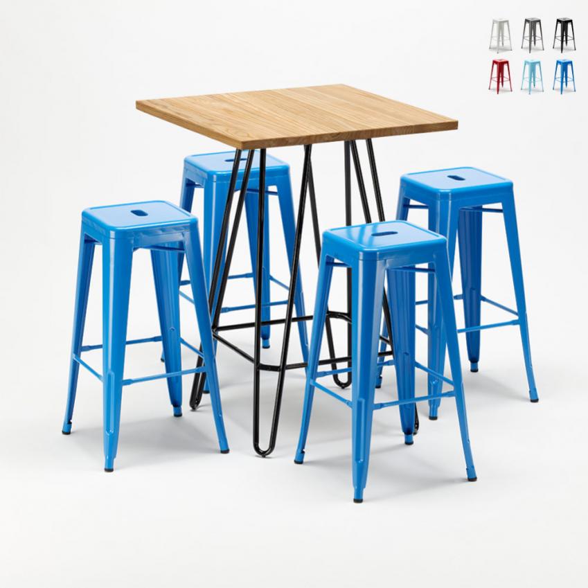 Table haute 60×60 + 4 tabourets de bars en métal style Tolix Brooklyn