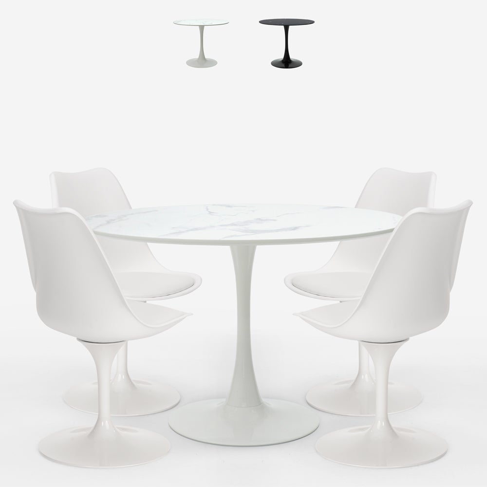 Set tavolo rotondo 120cm effetto marmo design Tulipan 4 sedie moderno paix