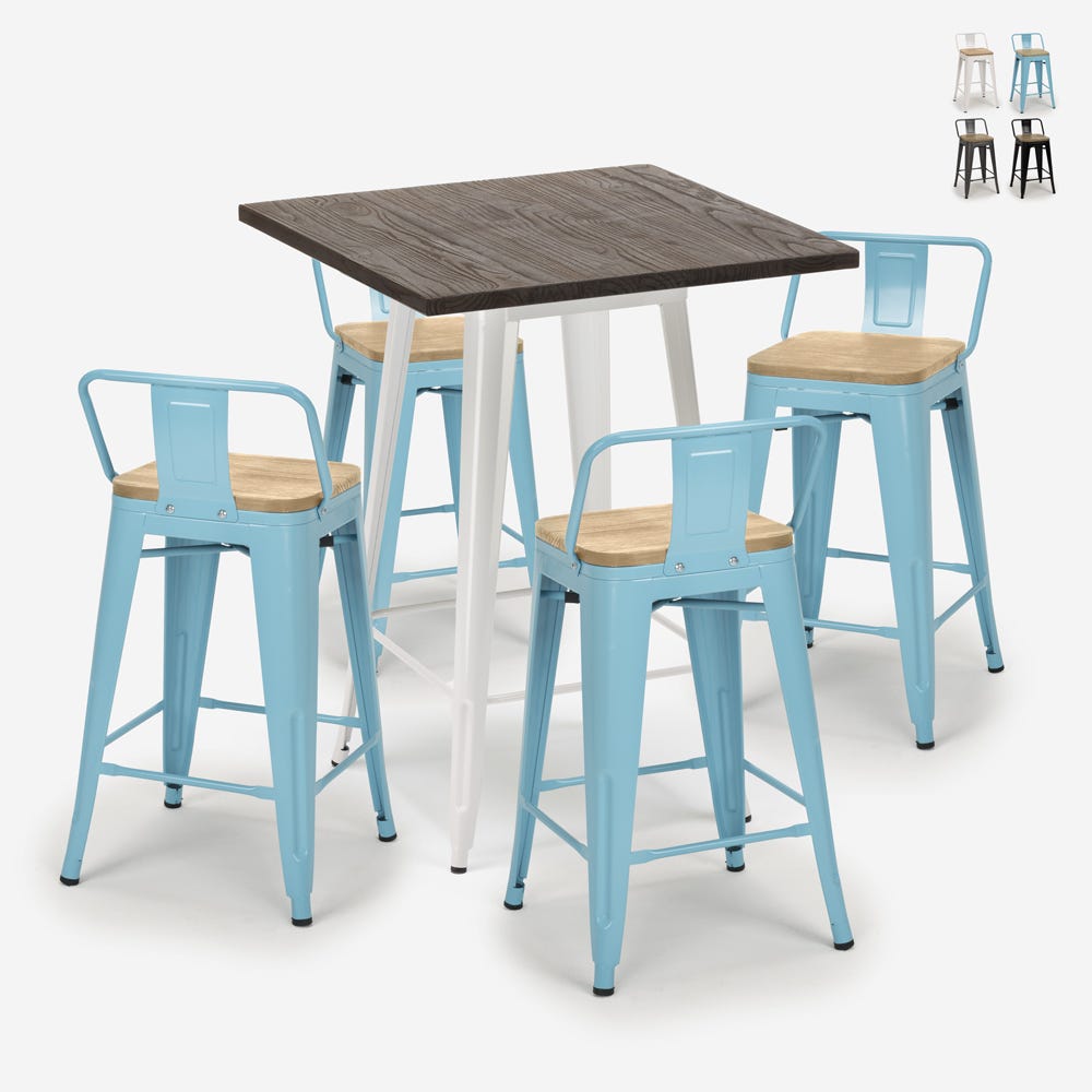 Conjunto industrial 4 taburetes tolix mesa bar 60 x 60 cm madera metal  Rough Color: Azul