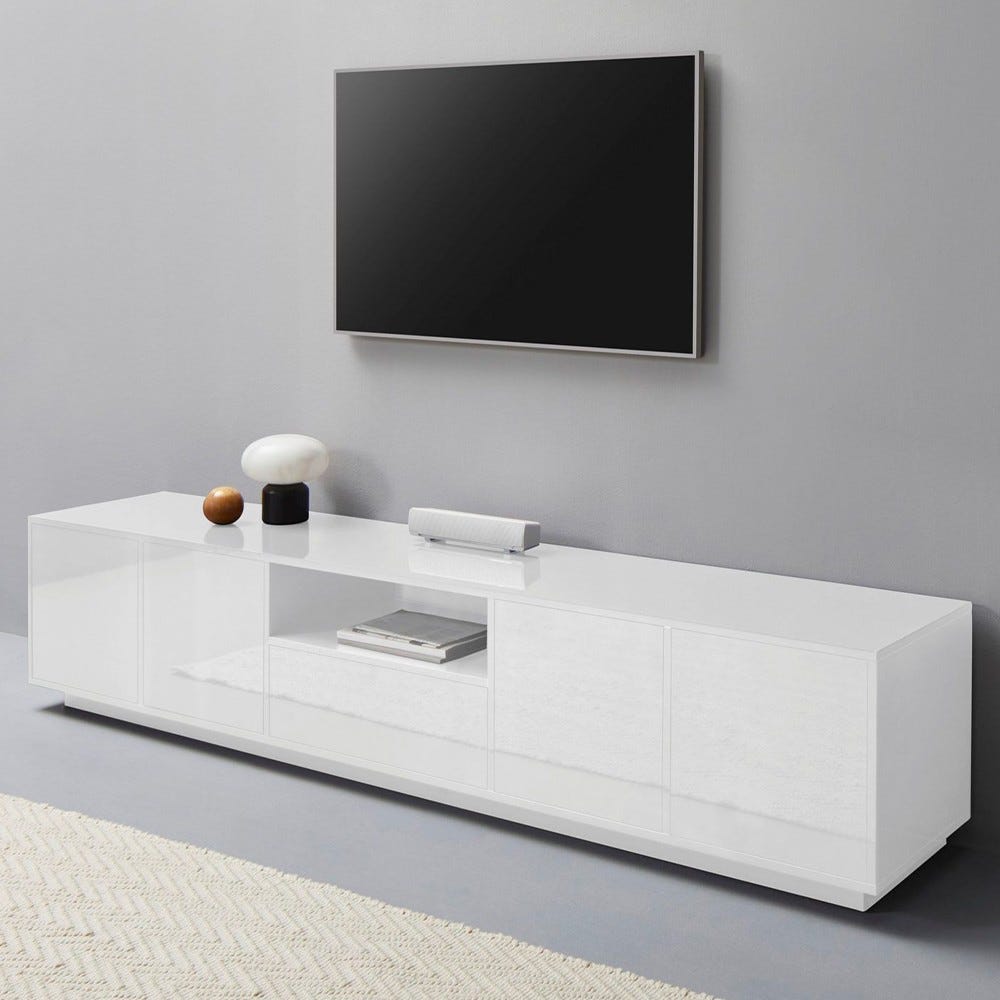 Corona Low Lacq mueble TV salón blanco 200cm 4 compartimentos y 3 puertas