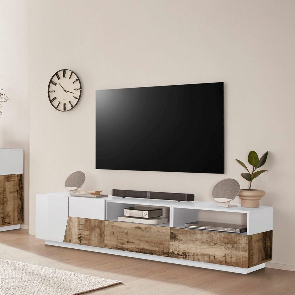 Young Wood Mueble TV compartimento cajón 200 x 40 cm blanco madera
