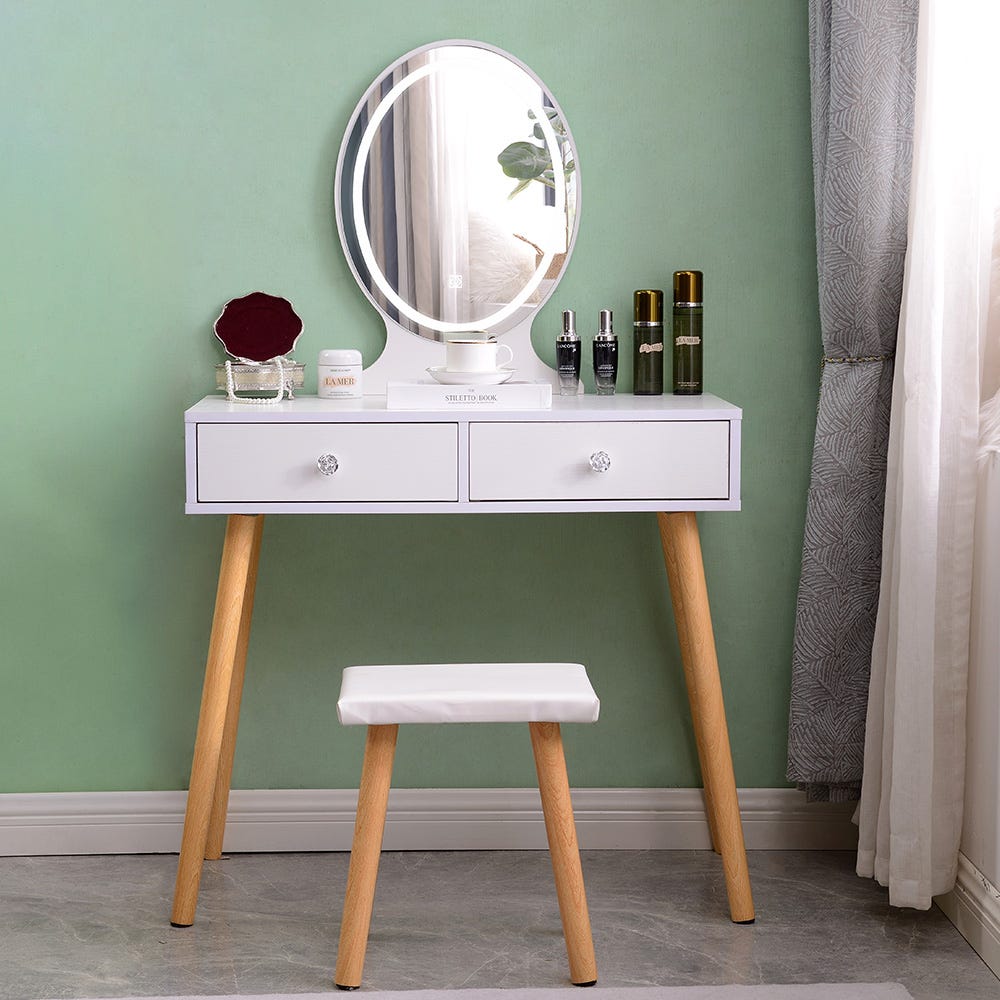 Tocador de maquillaje diseño escandinavo espejo LED cajón taburete Serena