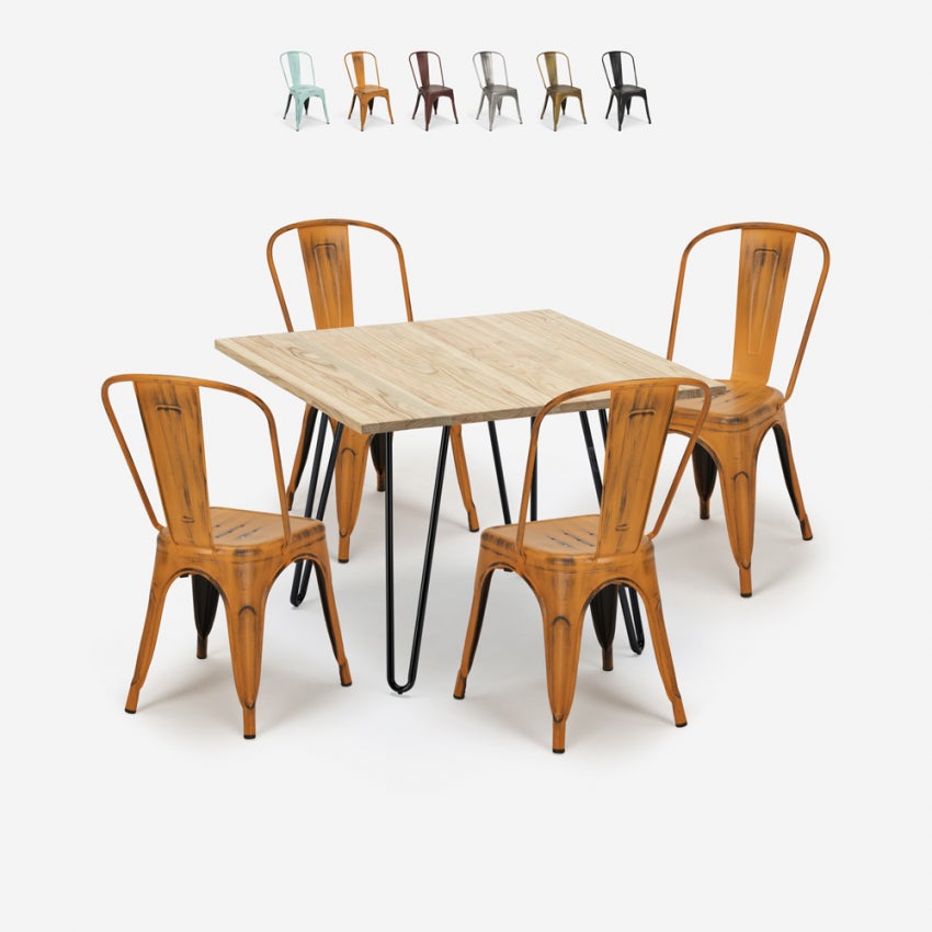 Set tavolo bar cucina 80x80cm metallo legno 4 sedie vintage tolix Hedges  Light