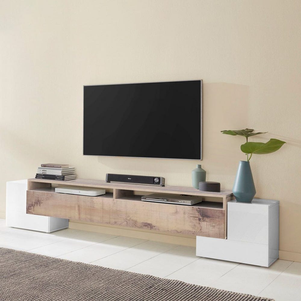 Fergus Wood mueble de TV 220 x 43 cm blanco madera pared salón
