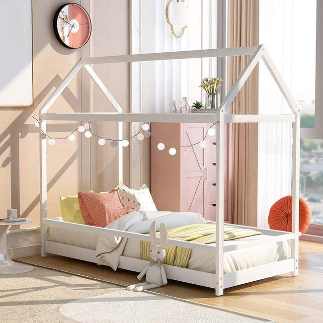 idiota hilo diferencia Cuna Montessori cama para niños casita de madera 80x160cm Husty - Blanco |  Leroy Merlin