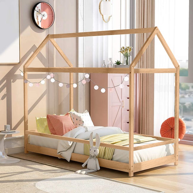 Cama Montessori con estructura de casa y cabecero y pie de cama de