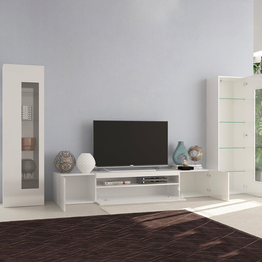 Mueble de salón modular GALENA de 266 cm ancho. 4 módulos: Mueble TV,  vitrina con leds, módulo vertical, estante pared.