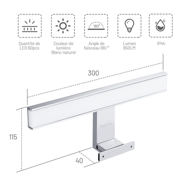 Spot à fixer sur miroir chrome module led Lampe miroir de salle de bain USB  rechargeable Gradation imperméable à l'eau