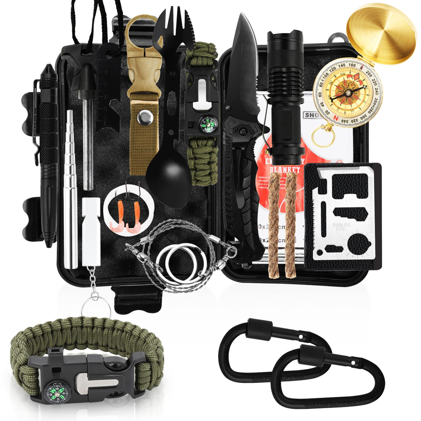 Kit De Survie 32-en-1 – Multifonction Pour Camping, Randonnée, Urgence – Noir