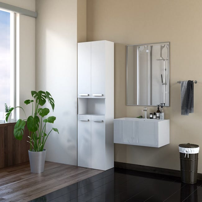 Armoire de salle de bains avec panier à linge intégré ELLA blanc mat,  colonne pour buanderie