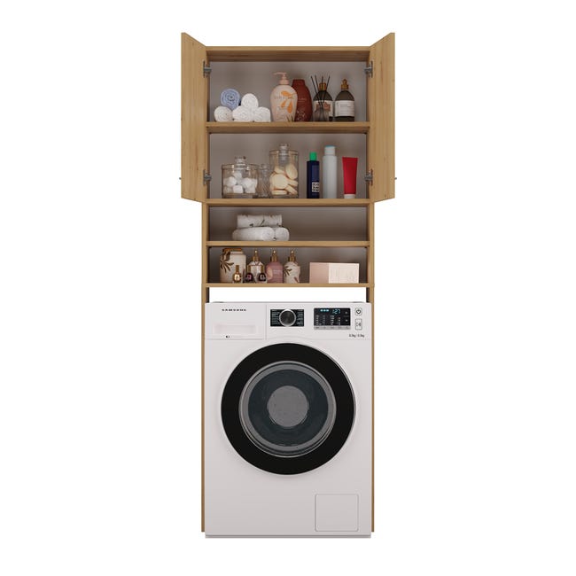Meuble étagère en hauteur pour machine à laver et sèche linge avec rangement  en bois d'ingénierie blanc 64x25,5x190cm - Meuble Lave Linge Sèche Linge