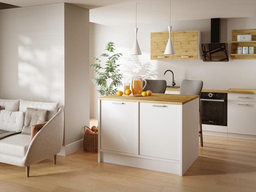 Ilot central de cuisine avec 2 portes - Blanc et naturel - MECHILA