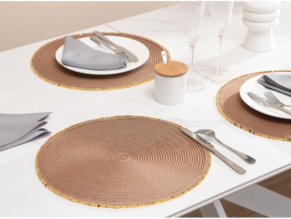 Lot De 6 Sets De Table Ronds Or Et Fleur – Dessous De Plat Antidérapants En Vinyle, 38x38 Cm