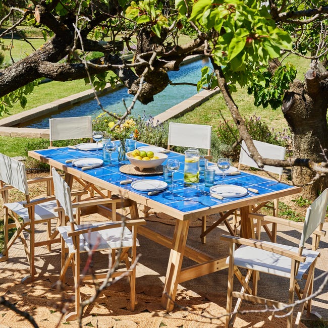 Set sala da pranzo da giardino tavolo blu in legno e ceramica