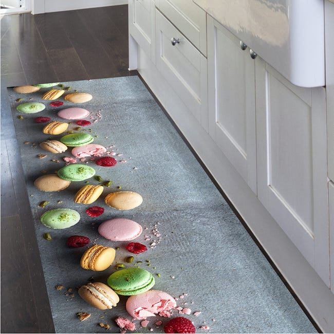 Traves de cocina, Alfombra de cocina lavable, antideslizante, PVC  resistente, diseño Macarons, 52 x 330 cm