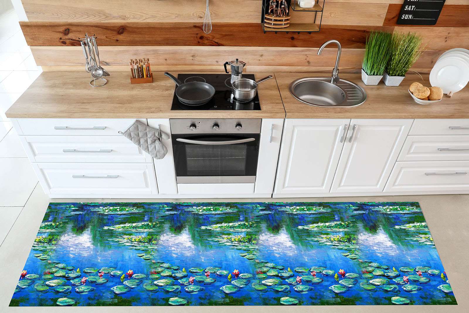 Passatoia da cucina, Tappeto da cucina lavabile, antiscivolo, robusto in PVC,  fantasia Waterlillies, misura 52 x 380 cm