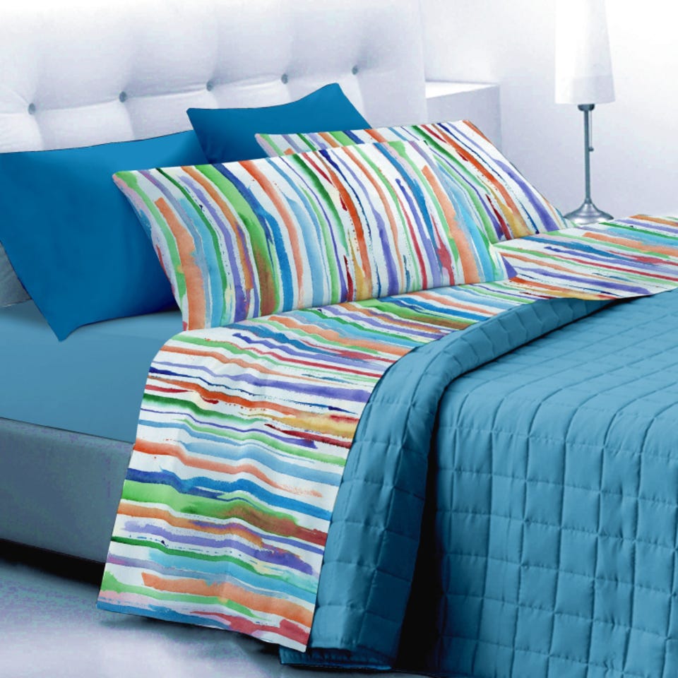Juego de cama doble algodón, juego con 2 fundas+sábana bajera con esquinas  de 180x200 cm+sábana encimera de 240x290cm. Estampado de rayas de colores