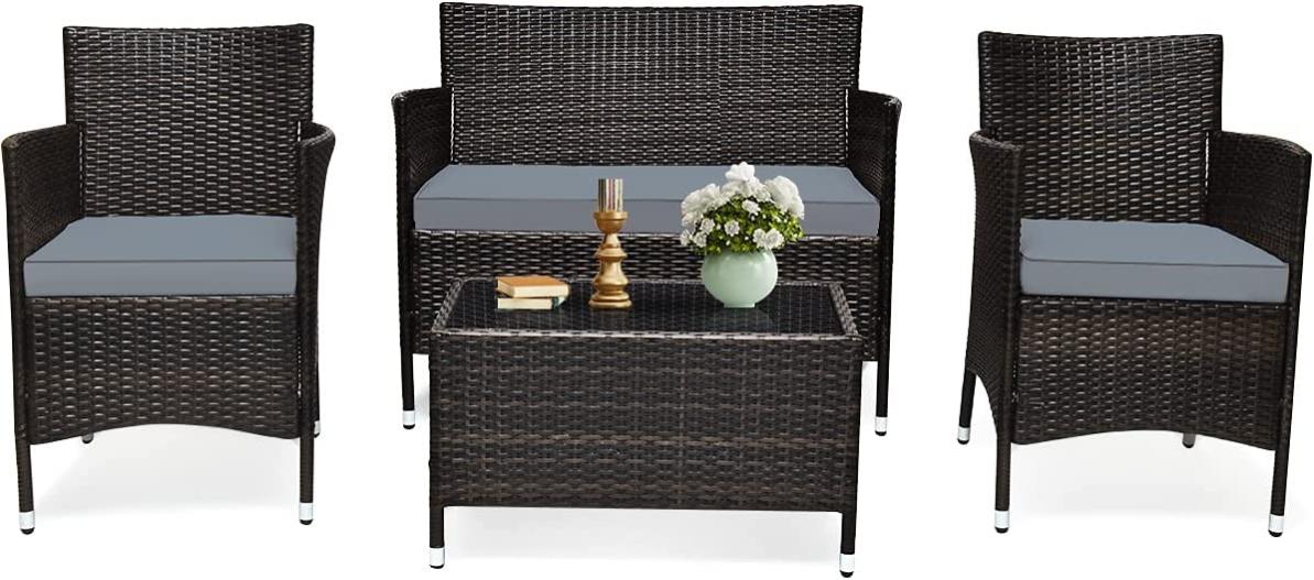 Salon de jardin 4 pcs mobilier de terrasse en rotin pe pour véranda, patio, marron et gris
