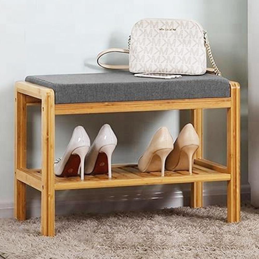 HOMCOM Panca Portascarpe 2 Ripiani Con Cuscino - Bambù E Grigio, 60x29x50 Cm