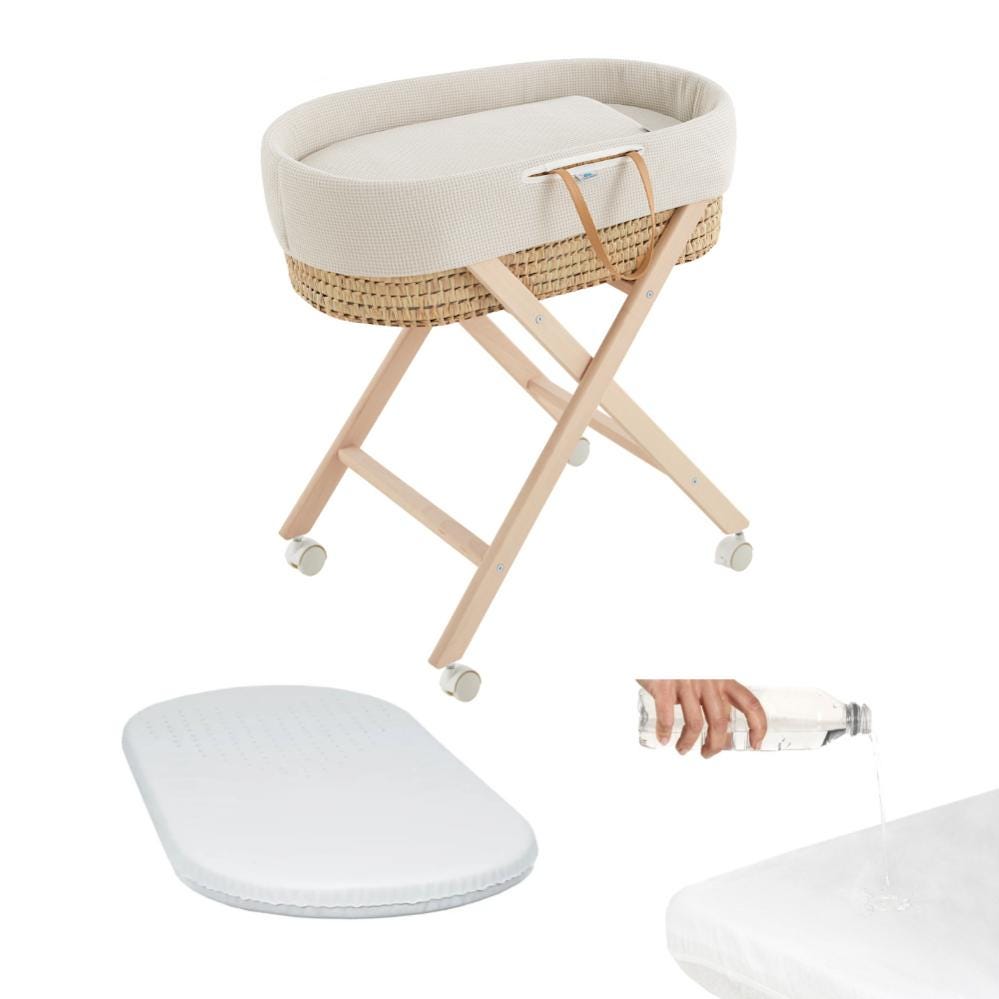 Moisés para bebé (vestidura de algodón Gofre Renard + colchón perforado +  estructura de tijera + Regalo 2 bajeras impermeables)