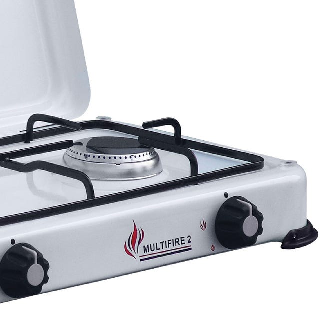 Plaque de cuisson gaz portable 2 feux 3200W Réchaud à gaz butane ou propane  Blanc laqué Couvercle