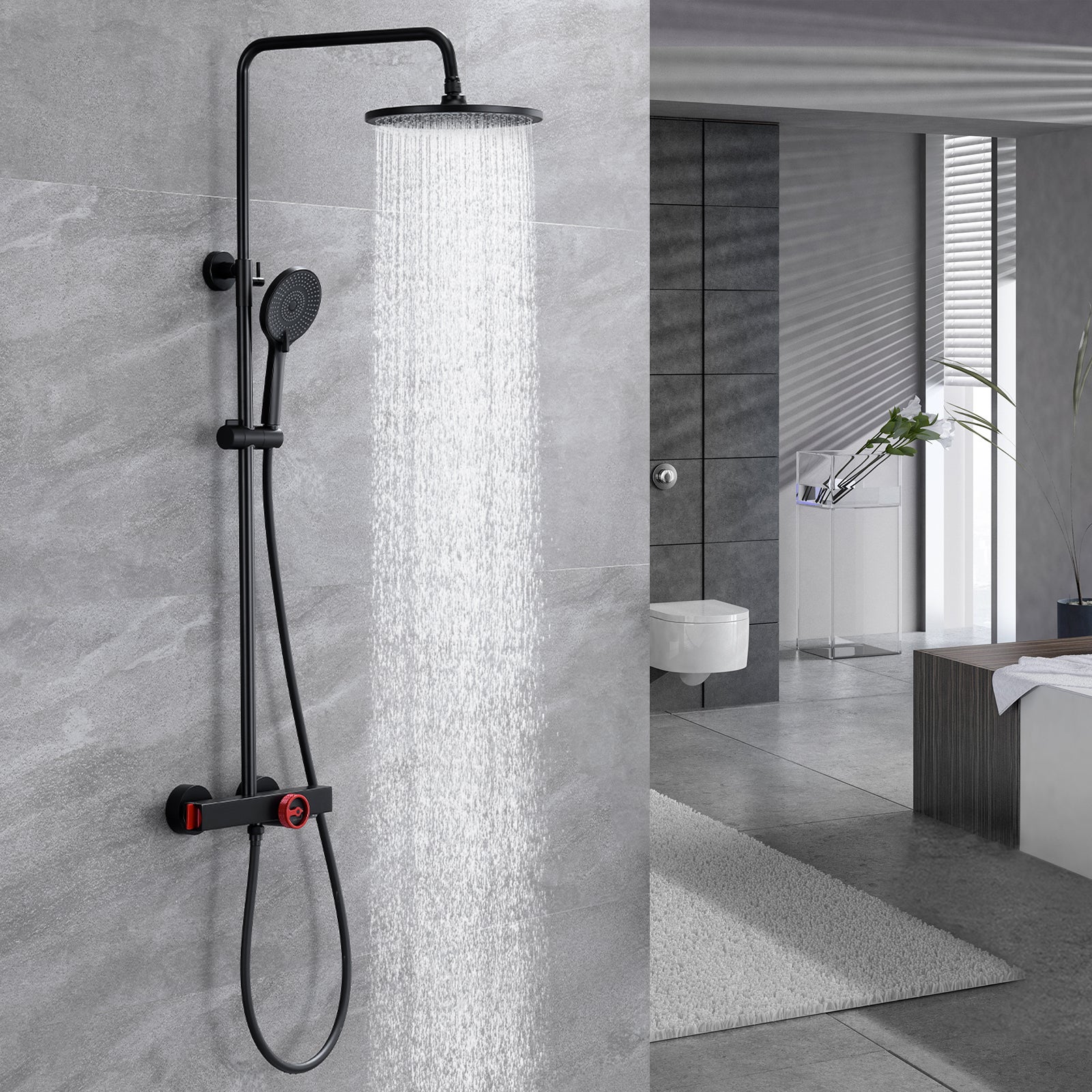 Système de douche avec set de douche thermostatique avec douchette 4  fonctions tringle de douche robinet de douche thermostatique noir