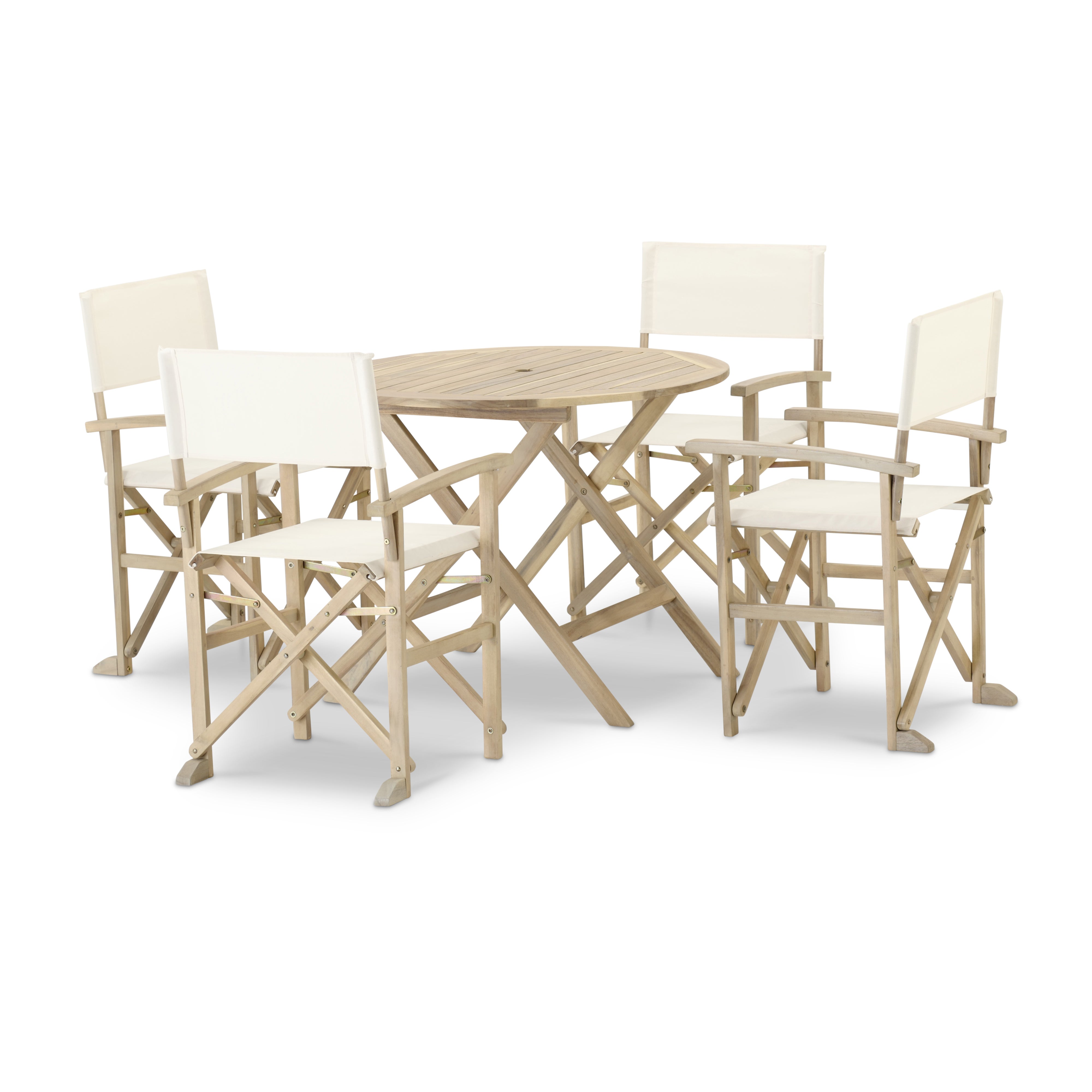 Conjunto de jardín comedor mesa plegable redonda 90cm + 4 sillas madera y  textileno beige - Java Light - Kerama