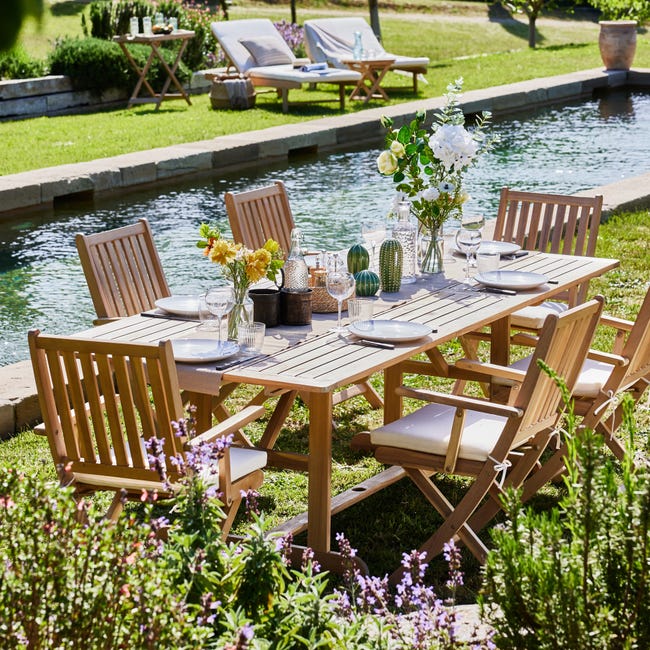 Set da pranzo da giardino tavolo allungabile 180/240x100 + 6 sedie senza  braccioli + 2 sedie con braccioli con cuscini - Java Light