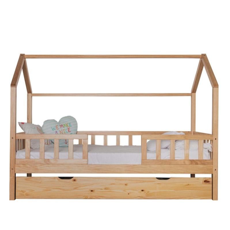 Cama infantil Montessori casita con barandilla Sawyer 90x190cm Blanco