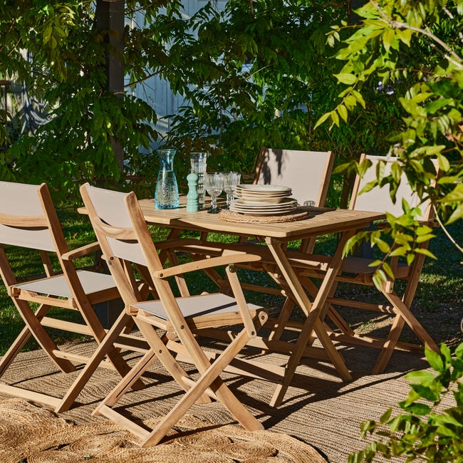 Conjunto de jardín comedor mesa plegable 120x70 + 4 sillas madera