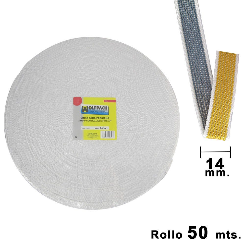 Rollo 50 metros cinta de persiana todos los anchos. Colores cintas Blanco  Tamaños de cinta Cinta de 14 milímetros