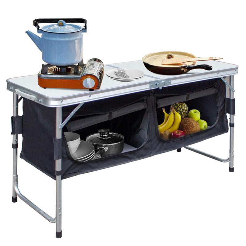 Armoire De Camping Pliable Cuisine Rangement Tissu - 2 Compartiments + Plan De Travail