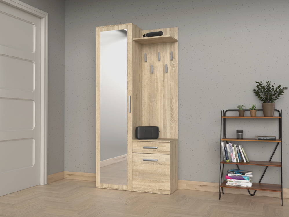 Vestiaire d'entrée complète avec deux armoires et portemanteau mural UNO bois chêne sonoma