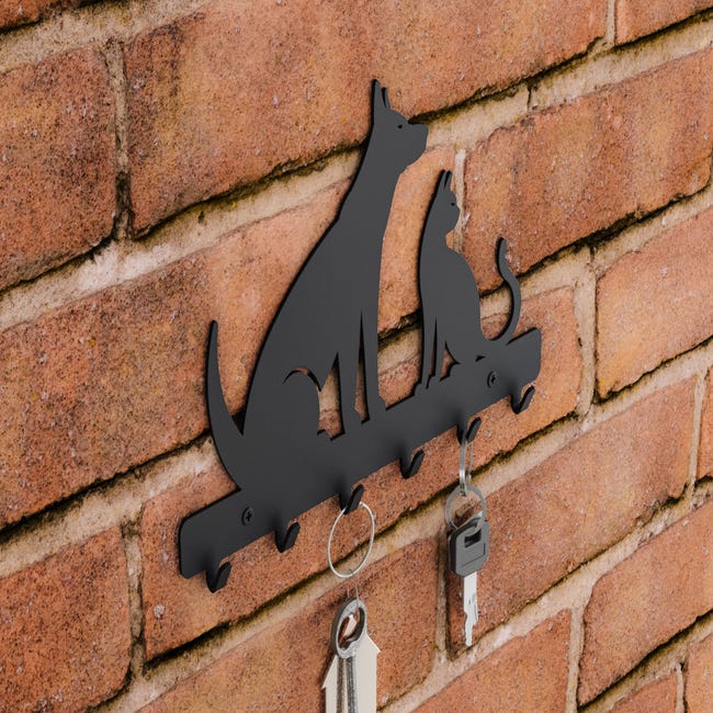 Gamet, cuelga llaves de pared de acero, 6 ganchos, color negro  estructurado, modelo perro y gato, 20 x 13