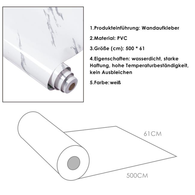 Carta Adesiva Pellicola Adesiva Decorativa per Mobili PVC Lucido  Impermeabile Carta da Parati Autoadesiva Marmo Bianco 500x61cm