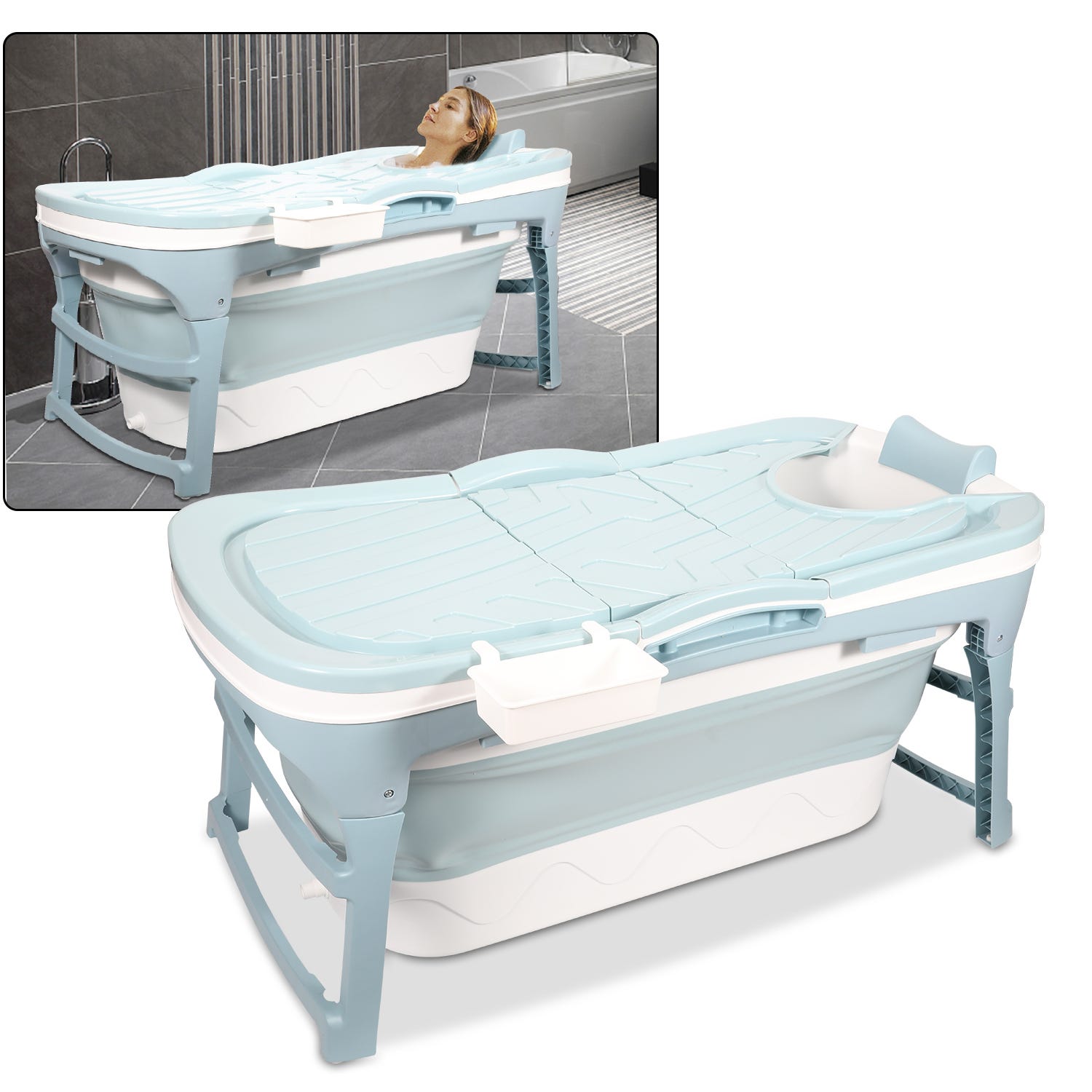 118x 60 x 50 cm Vasca da bagno pieghevole con coperchio e rulli  massaggianti, vasca da bagno portatile, blu