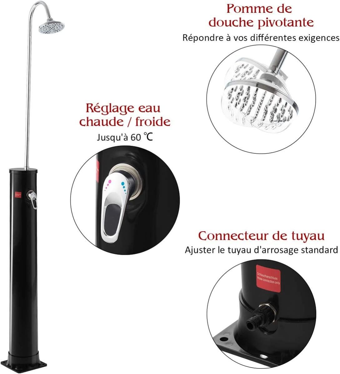 Douche de jardin solaire 20 litres avec pommeau de douche, température