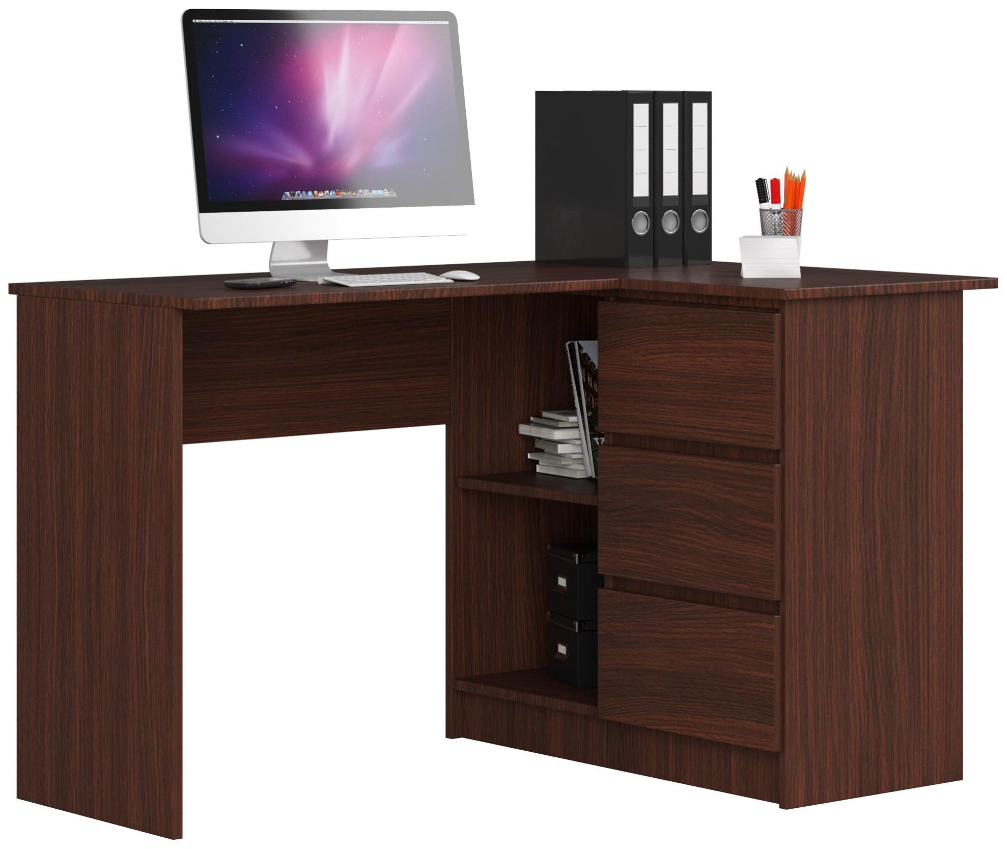 BDW Scrivania ad angolo a sinistra, 3 cassetti e 4 ripiani, ampio spazio da distribuire, per camerette, uffici e studi, scrivania per computer, scrivania da ufficio, 155x77x91, bianco/quercia Sonoma