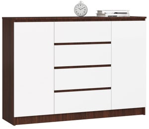 Commode 4 Tiroirs BDW K140 - 139x40x99 Cm, Blanc Brillant, Rangement Salon, Chambre, Bureau, Matériau Robuste
