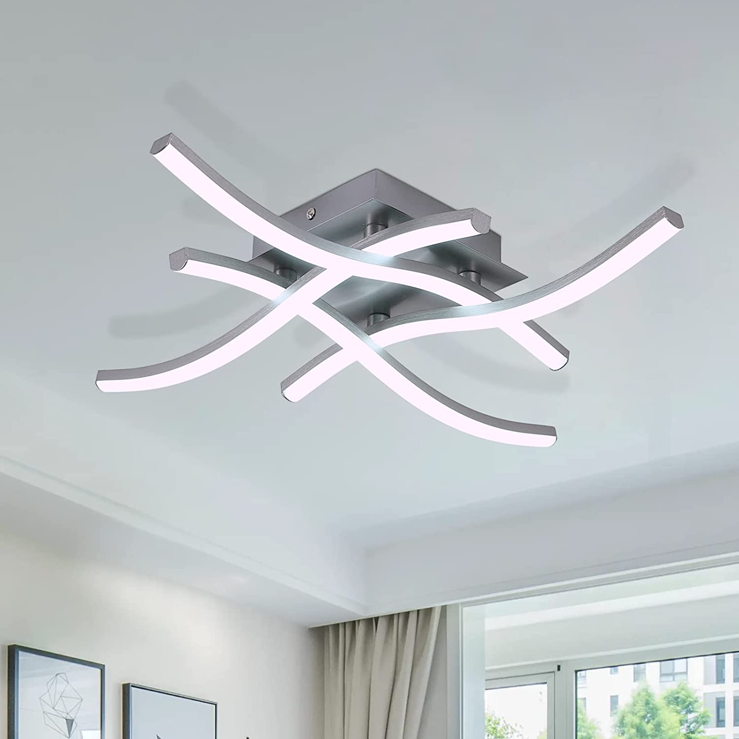 Lampada del soffitto a LED, lampada a soffitto di design curvo, moderna  luce del soffitto a LED, 4 barre di luce a LED grigio integrato, 24W 2400lm