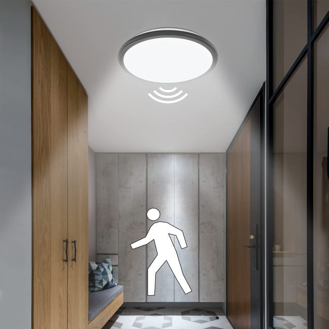 Plafoniera LED con Sensore di Movimento Bianco Freddo 6000K Rotondo Ø28.5cm  Plafoniera da bagno Impermeabile IP54 Per bagno camera da letto soggiorno