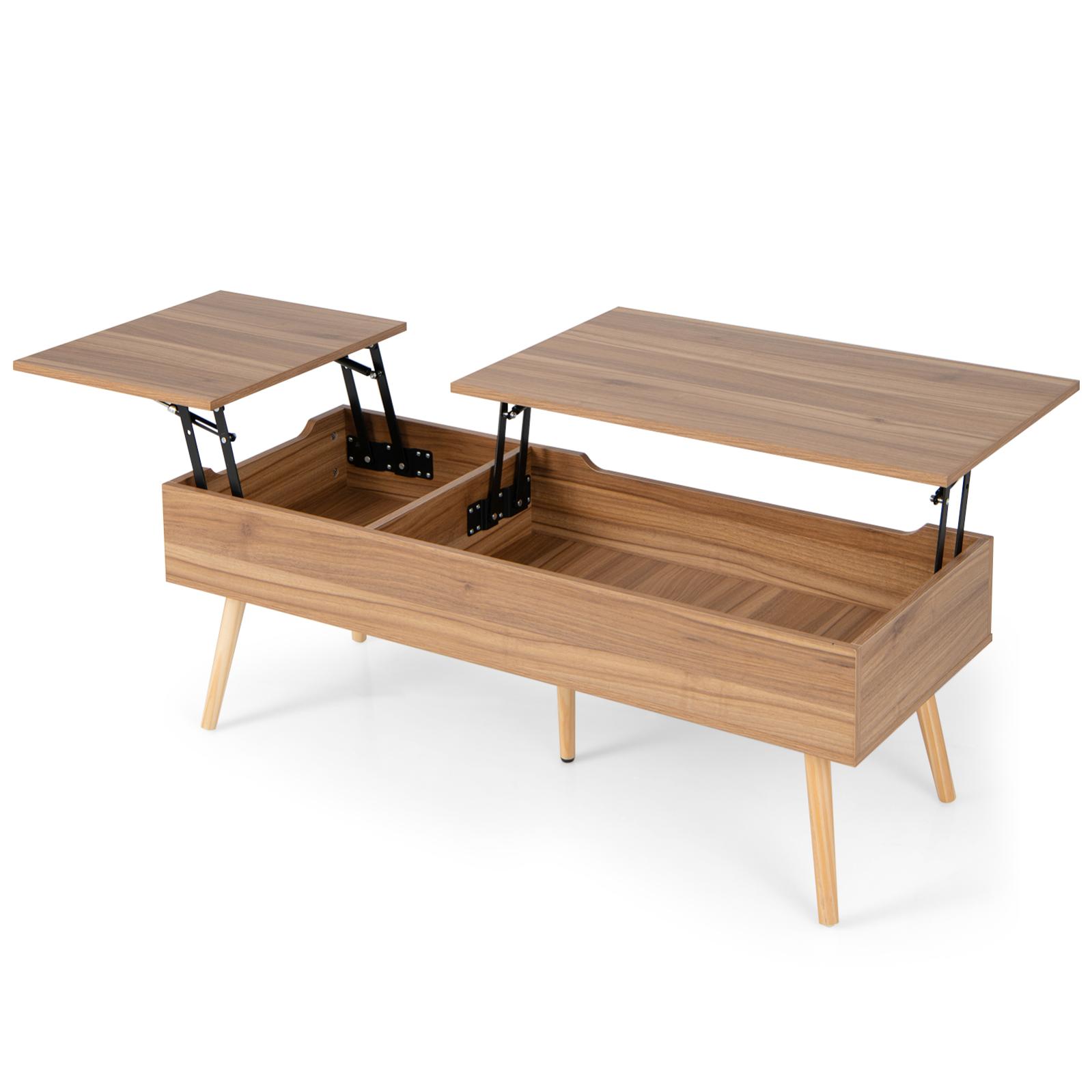 Table basse relevable avec 2 plateau relevables et 2 compartiments cachés, 5 pieds en bois