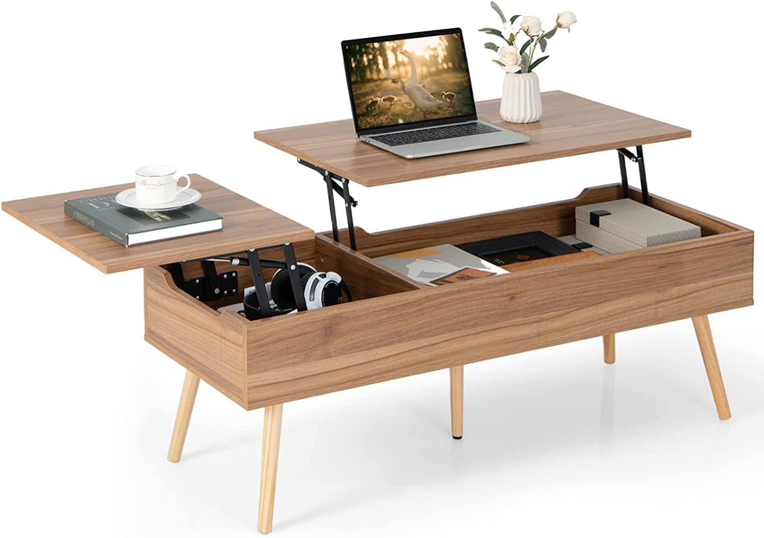 Table basse relevable avec 2 plateau relevables et 2 compartiments cachés, 5 pieds en bois