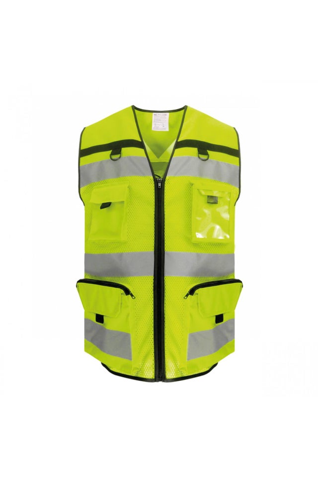 Gilet Sécurité Réfléchissant Jaune Gilet Haute Visibilité Police En Maille Jaune Réfléchissant - Avec Poches Et Fermeture éclair - Pour Travailleurs, Sécurité Routière, Course Veste Travail Chantier
