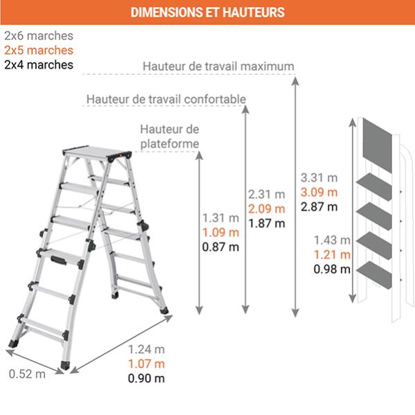 Escabeau double 4 &agrave; 6 marches - Hauteur max. de travail 2.87m - 8655-107 |  Leroy Merlin