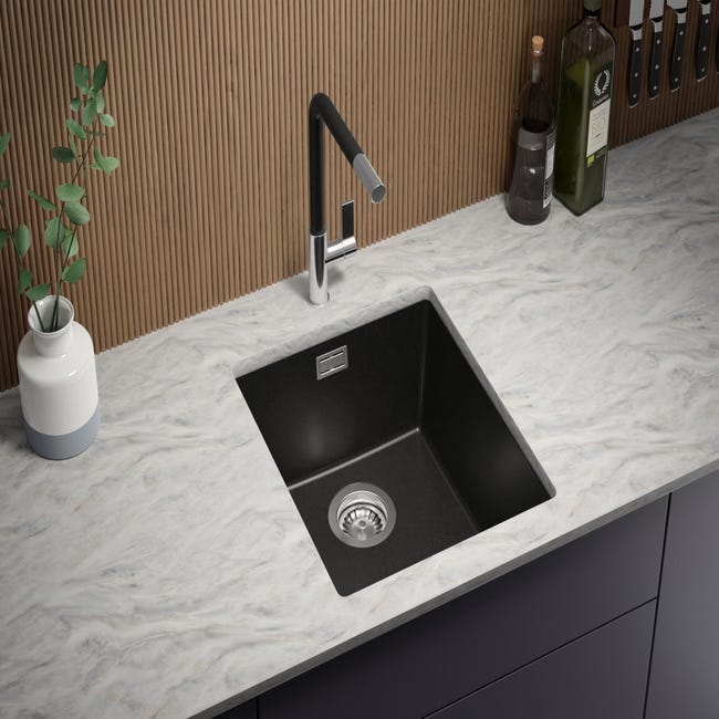 Fregadero de cocina de granito negro 36x47 cm, Fregadero 1 Seno + kit de  desagüe, lavabo bajo lavabo de 40 cm, fregadero de Primagran