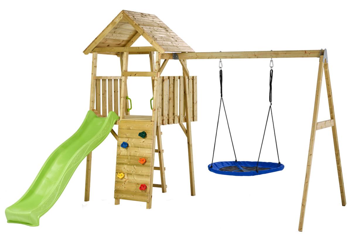 KANGUI Aire de jeux portique en bois WOODI Double balançoire et nid