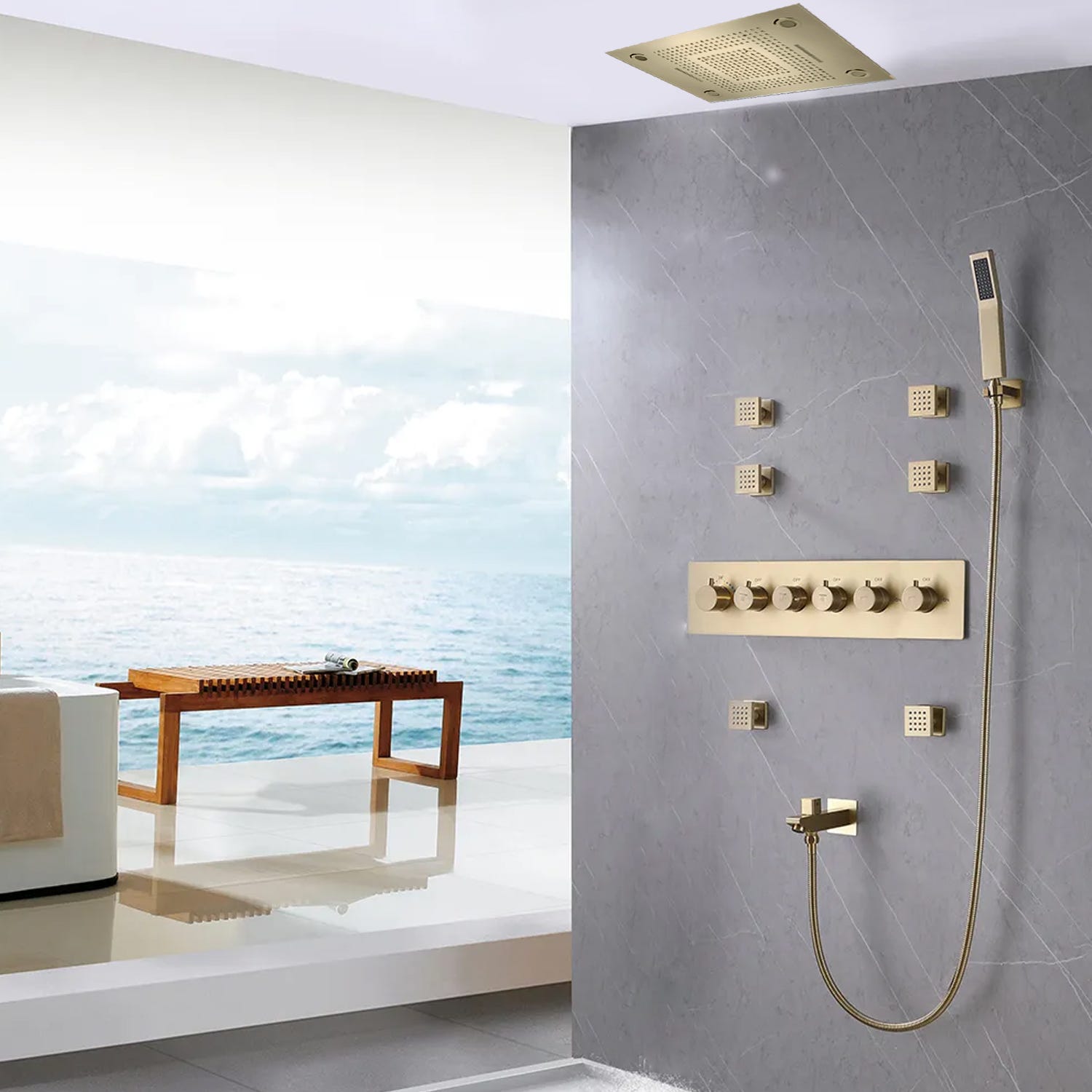 Grifo termostático con barra de ducha dorado cepillado RH2656 - Mamparas de  ducha a medida