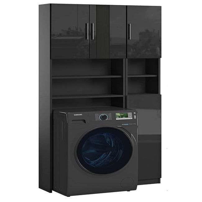 Meuble machine à laver noir mat et brillant ARIEL 190 x 64 x 25 cm avec  étagères amovibles et armoire